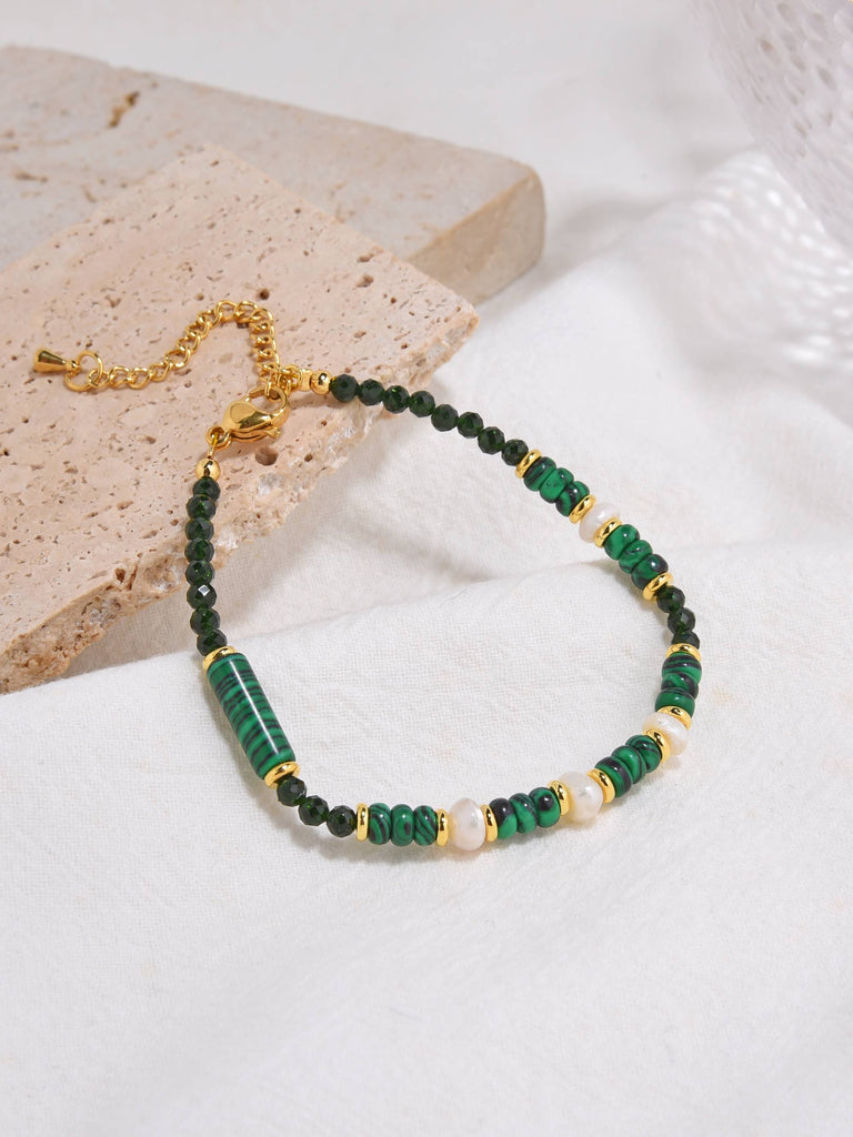 Green Bracelet with Semi Precious Stones and Cultured Pearls with 18k Gold Plated-Bracelets-YIWU SHUO QIPEARL