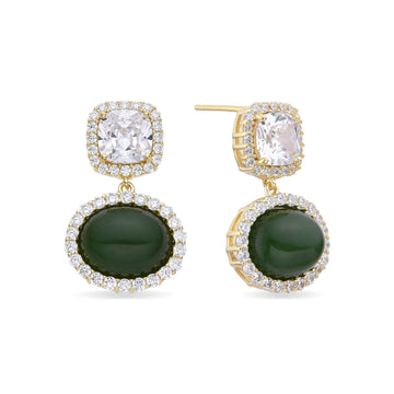 Green Earrings in 18k Gold Plated 925 Sterling Silver with Zircons and Oval Jade-Earrings-GULI GULI