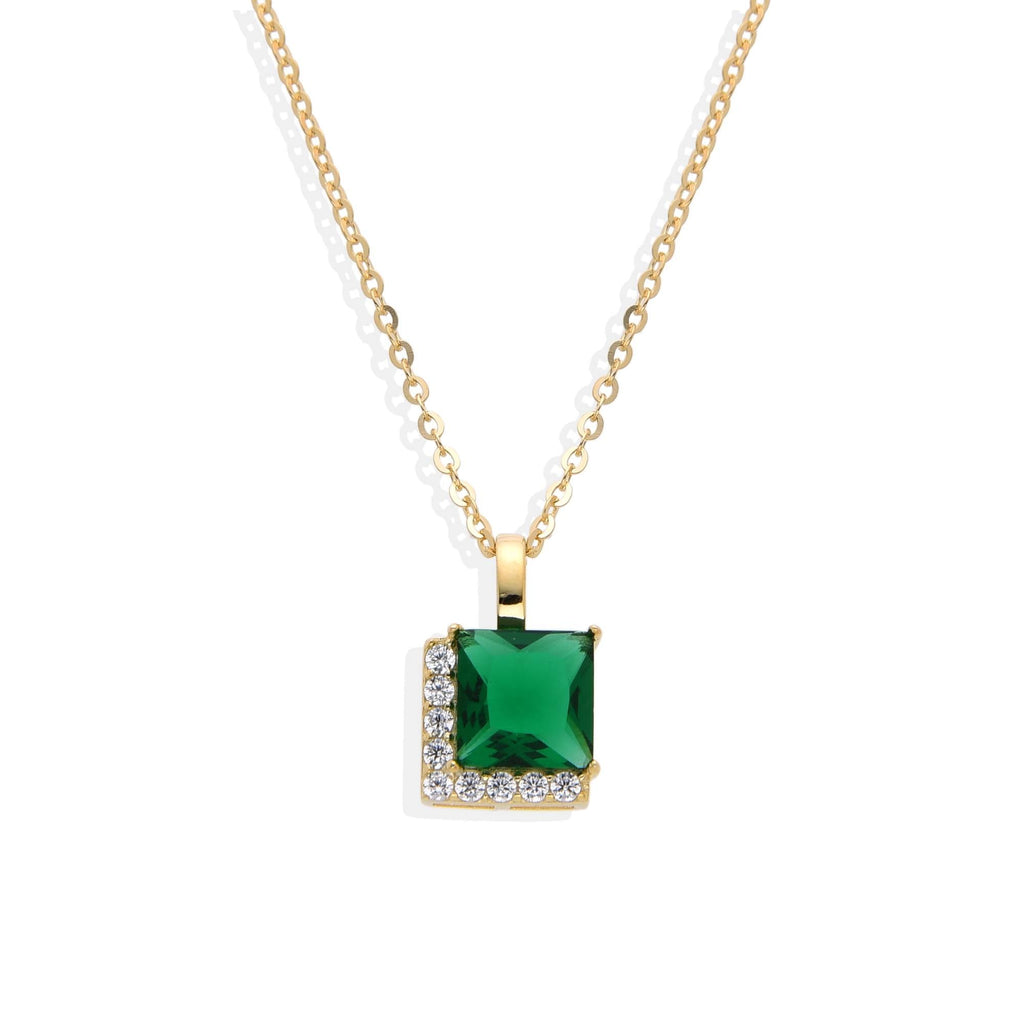 Green Square Zircon Necklace in 18k Gold Plated 925 Sterling Silver with Micro Zircons-Necklaces-GULI GULI