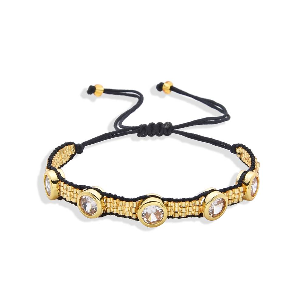 Handmade Bracelet in Black Adjustable Thread with Golden Miyukis with Faceted Zirconias-Bracelets-BOJO