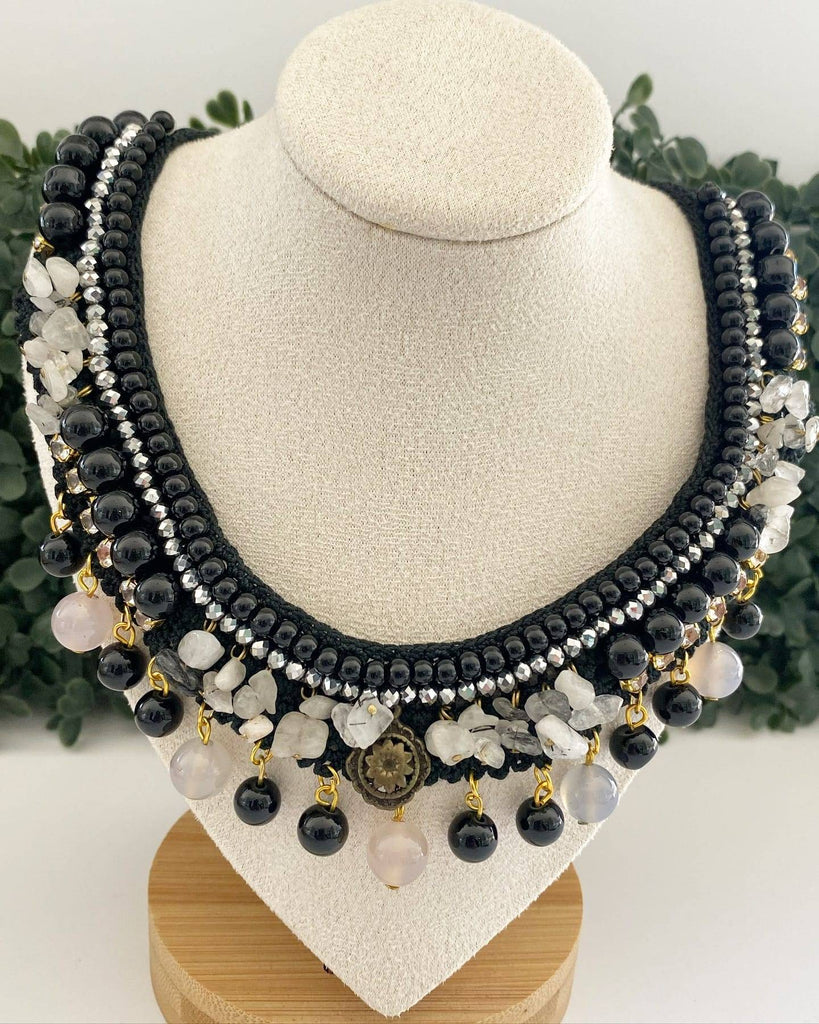 Handmade Crochet Woven Necklace with Black and White Semiprecious Stones with Flower Pendant-Necklaces-Vila veloni corp