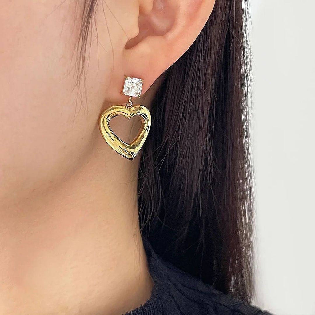 Heart Earrings in Steel with White Zirconia and 24k Gold Plated-Earrings-NEW WEI