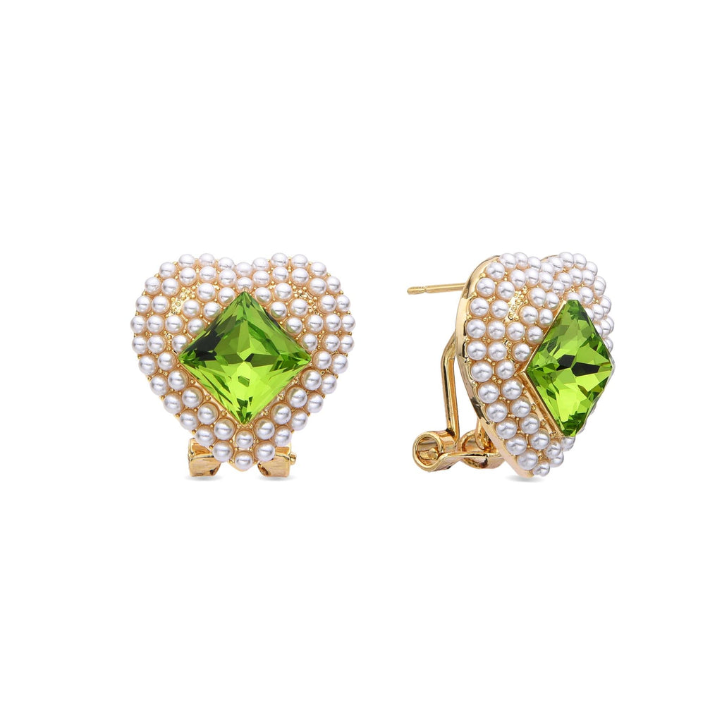 Heart Earrings with Green Zircon in 18k Gold Fashion with Pearls-Earrings-NEW WEI