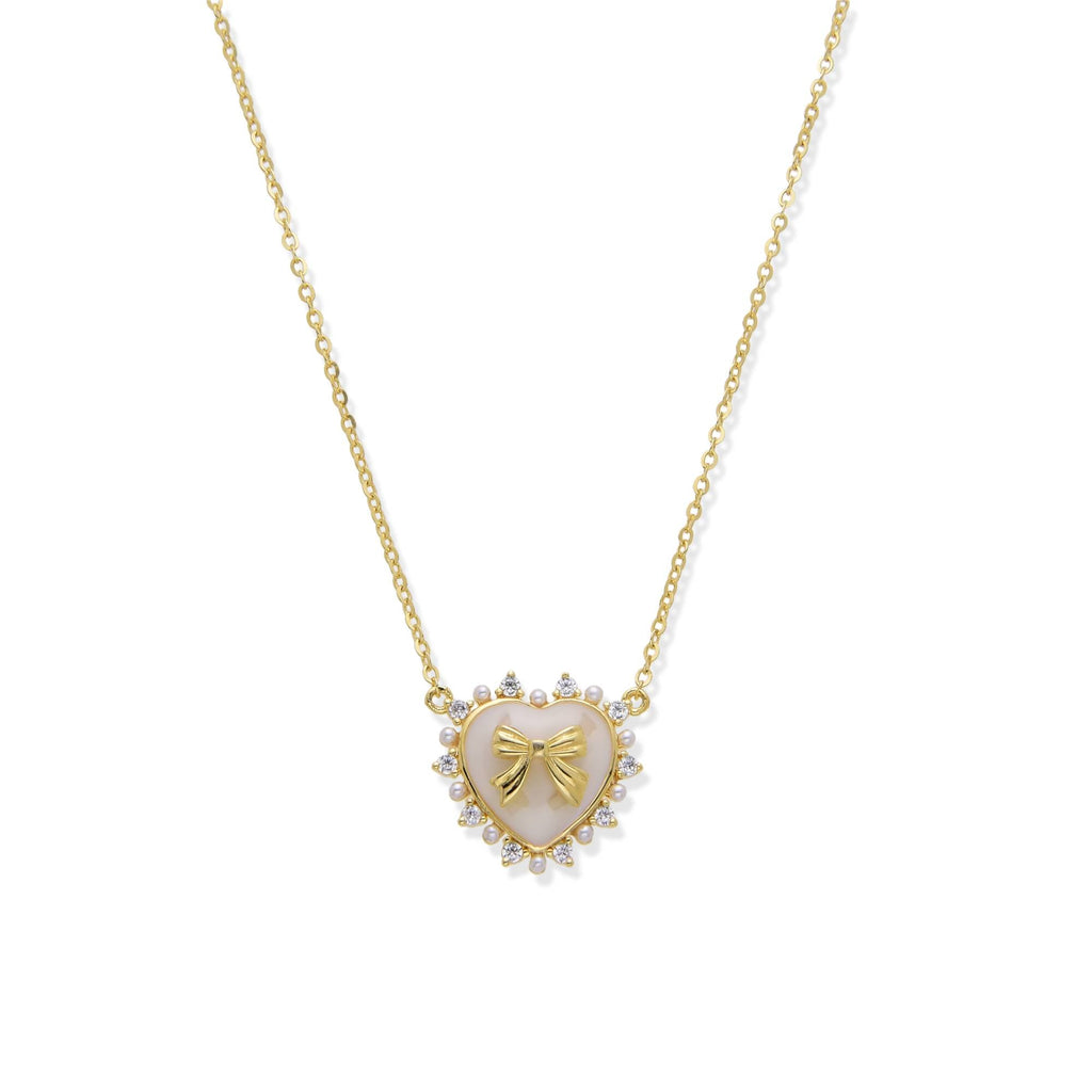 Heart Necklace with Bow with Pearls and Zirconia in 925 Silver with 18k Gold Plated-Necklaces-YIA SILVER