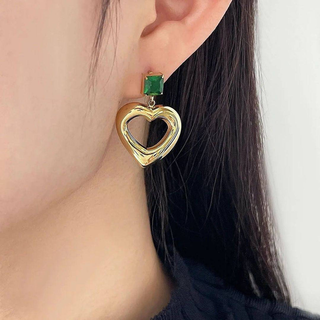 Heart earrings in Steel with green Zirconia and 24k Gold Plated-Earrings-NEW WEI