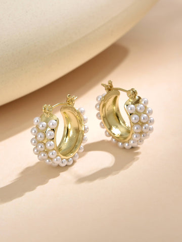 Hoop Design Earrings with Pearls in Copper with 18k Gold Plating-Earrings-ZIRCONIA