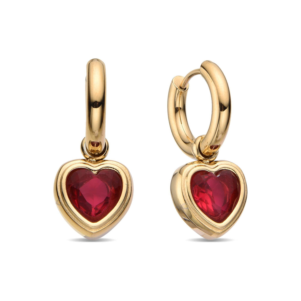 Hoop Earrings with Red Heart Pendant in Gold Fashion-Earrings-NEW WEI