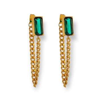 Long Earrings in Gold Fashion with 18k Gold Plating and Green Crystals-Necklaces-Vila veloni corp