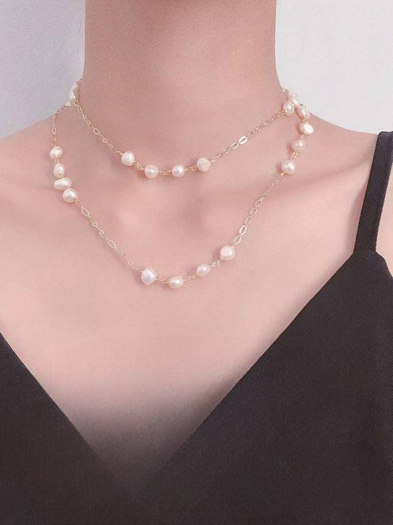 Long Necklace of Perfect Pearls in Brass with 18k Gold Plated-Necklaces-ROMANE