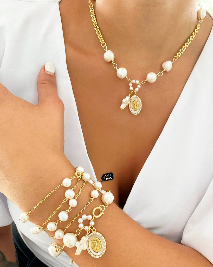 Long necklace of perfect pearls in fashion gold-Necklaces-ROMANE