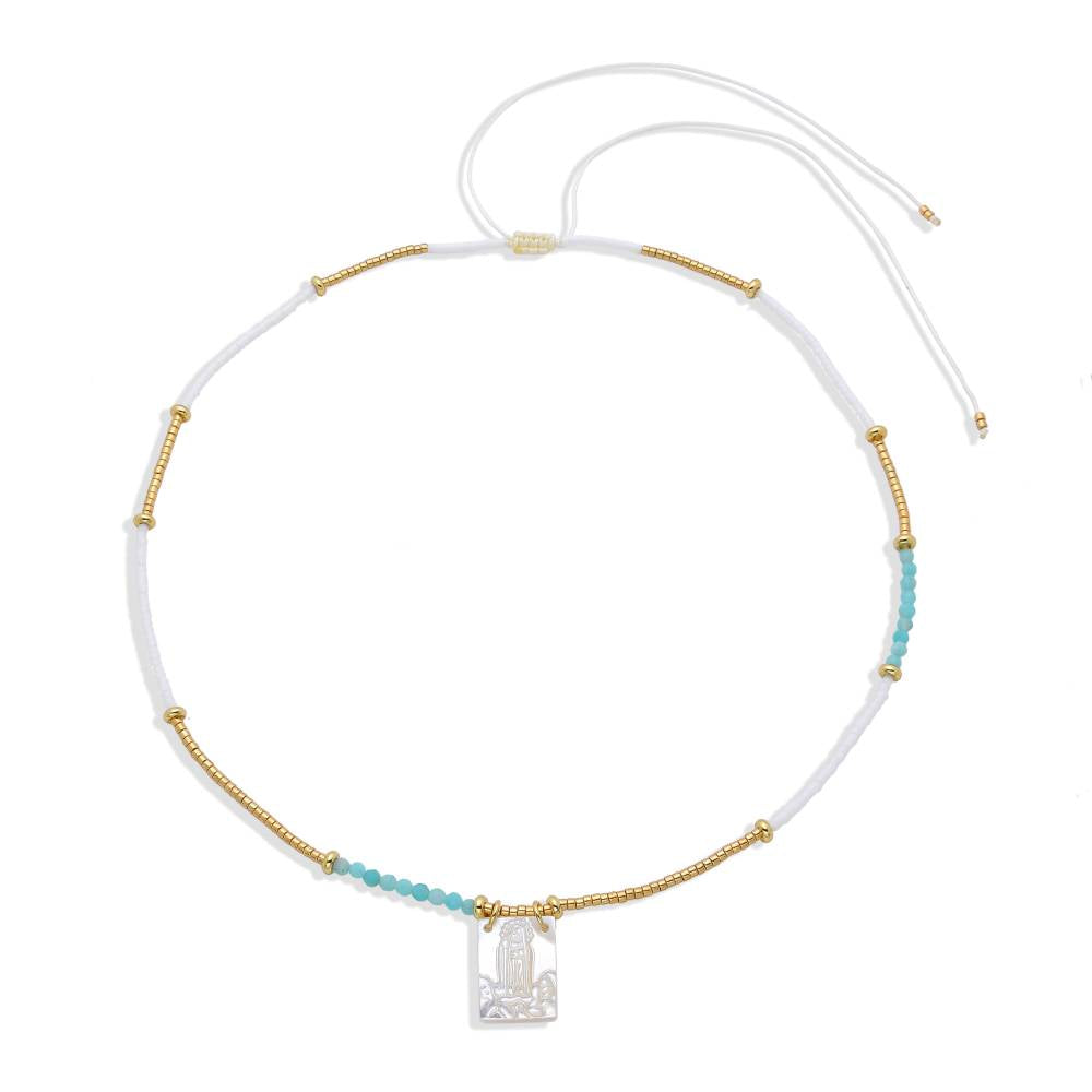 Miraculous Virgin Necklace with Miyuki and Sky Blue Natural Stones: A Piece with Faith-Necklaces-BOJO