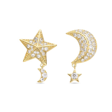 Moon and Star Earrings in 18k Gold Plated 925 Sterling Silver with Clear Zircons-Earrings-GULI GULI