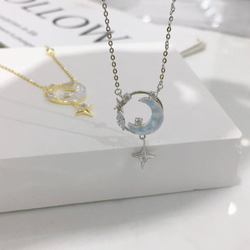 Moon and Star Pendant Necklace with Zirconia and Crystal in 925 Silver-Necklaces-GULI GULI