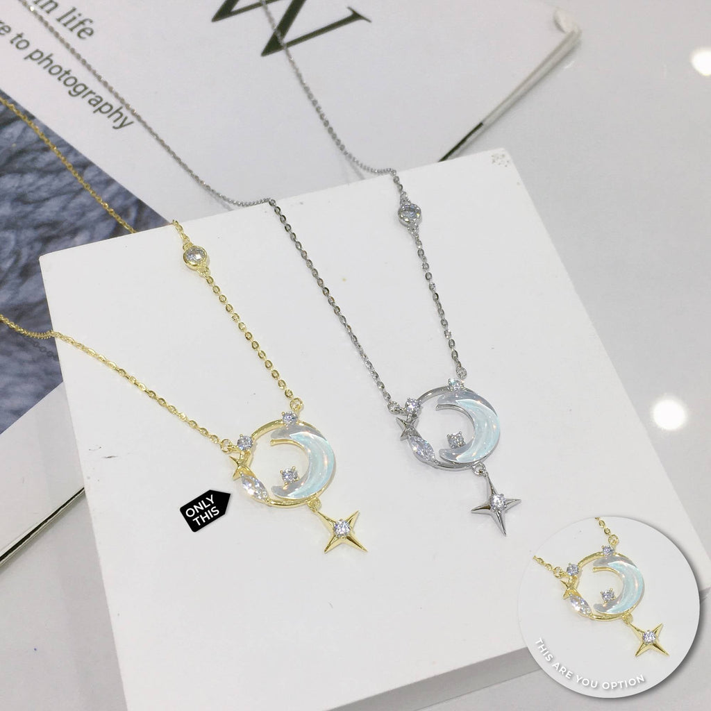 Moon and Star Pendant Necklace with Zirconia and Crystal in 925 Silver and 18k Gold-Necklaces-GULI GULI