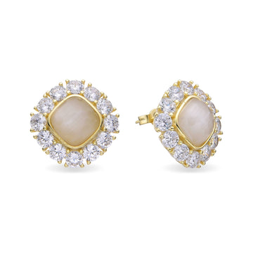 Mother of Pearl Button Style Earrings Surrounded by Zirconia in 925 Silver with 18k Gold Plated-Earrings-YIA SILVER