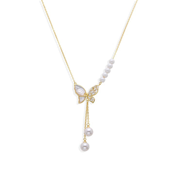 Nacre Butterfly Necklace in 18k Gold Plated 925 Sterling Silver with Clear Zircons and Pearls-Necklaces-GULI GULI