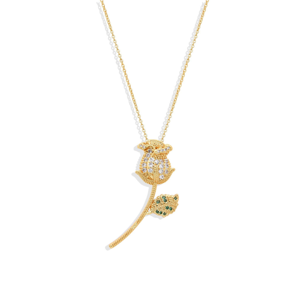 Necklace 18k Gold Fashion with Rose Pendant and Clear Zircons-Necklaces-LANDCICA