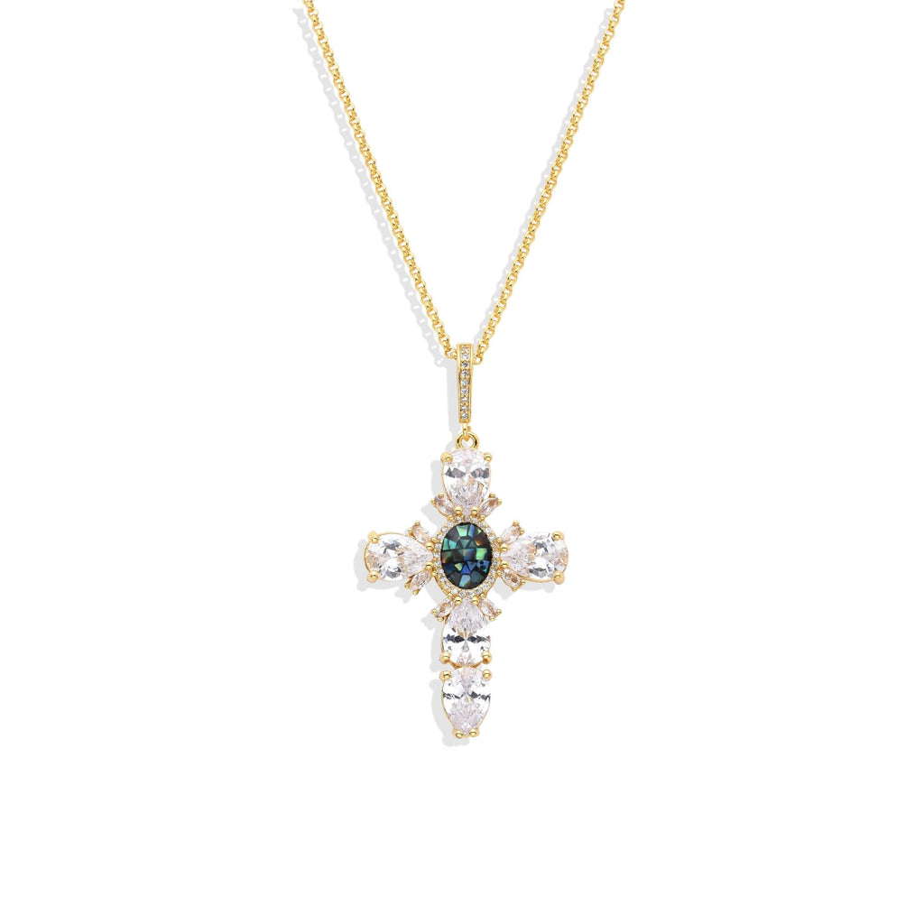 Necklace Iridescent Oval Zircon and Cross Pendant 18k Gold Fashion-Necklaces-LANDCICA