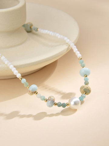 Necklace Made of Sky Blue Semi-Precious Stones and Cultured Pearls-Necklaces-Baishangmei