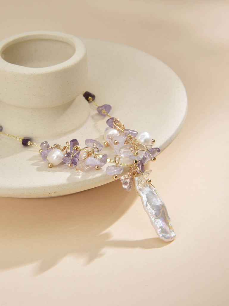 Necklace Made with Semiprecious Stones and Cultured Pearls with 18k Gold Plated-Necklaces-Baishangmei