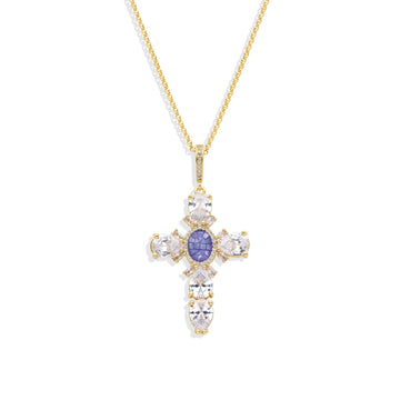 Necklace Purple Oval Zircon and Cross Pendant 18k Gold Fashion-Necklaces-LANDCICA