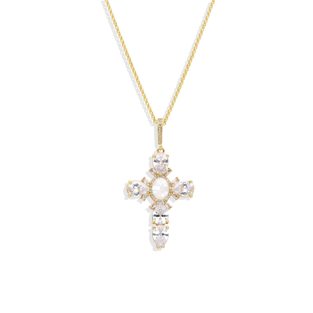 Necklace White Oval Zircon and Cross Pendant 18k Gold Fashion.-Necklaces-LANDCICA