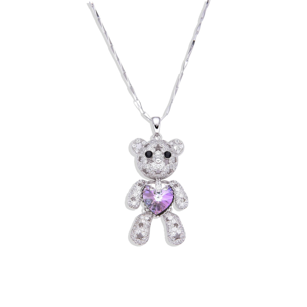 Necklace in 925 Sterling Silver Purple Swarovski Bear Design.-Necklaces-GULI GULI