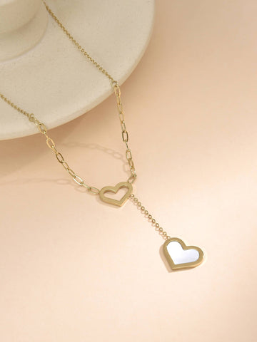 Necklace with Chain Details and Double Heart Pendant in Cooper with 18k Gold Plating-Necklaces-ZM