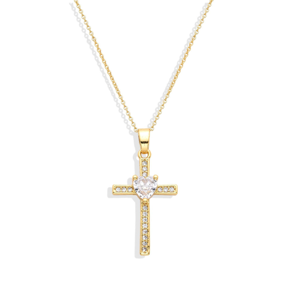 Necklace with Clear Zircon 18k Gold Fashion with Cross and Heart Pendant-Necklaces-LANDCICA