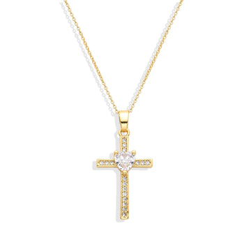 Necklace with Clear Zircon 18k Gold Fashion with Cross and Heart Pendant-Necklaces-LANDCICA