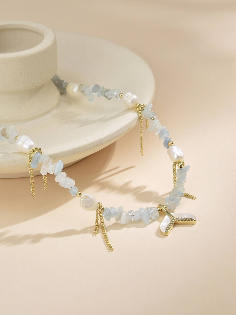 Necklace with Cultured Pearls and Light Blue Semi-precious Stones and Mermaid Tail Pendant in 18k Gold Plated-Necklaces-Baishangmei