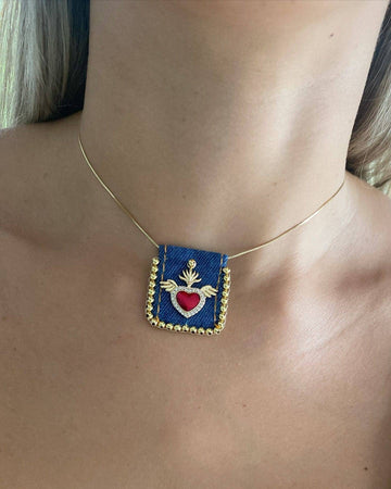 Necklace with Heart Pendant with Wings and Red Zirconia on a Blue Fabric Base in Copper and 18k Gold Plating-Necklaces-Guadalupe