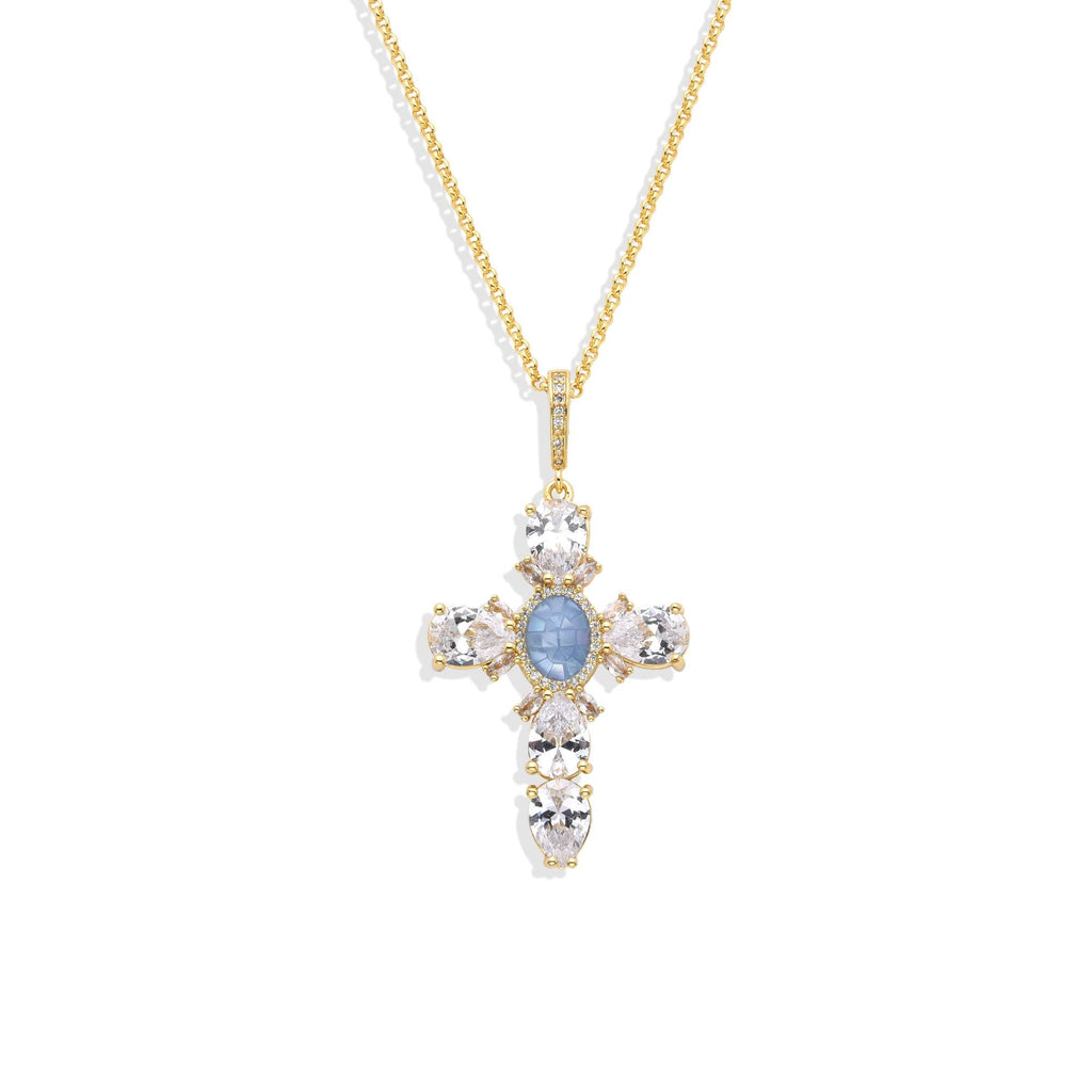 Necklace with Light Blue Oval Zircons and Cross Pendant 18k Gold Fashion.-Necklaces-LANDCICA