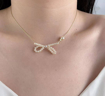 Necklace with Pearl Bow Design in 925 Silver and 18k Gold Plating-Necklaces-GULI GULI