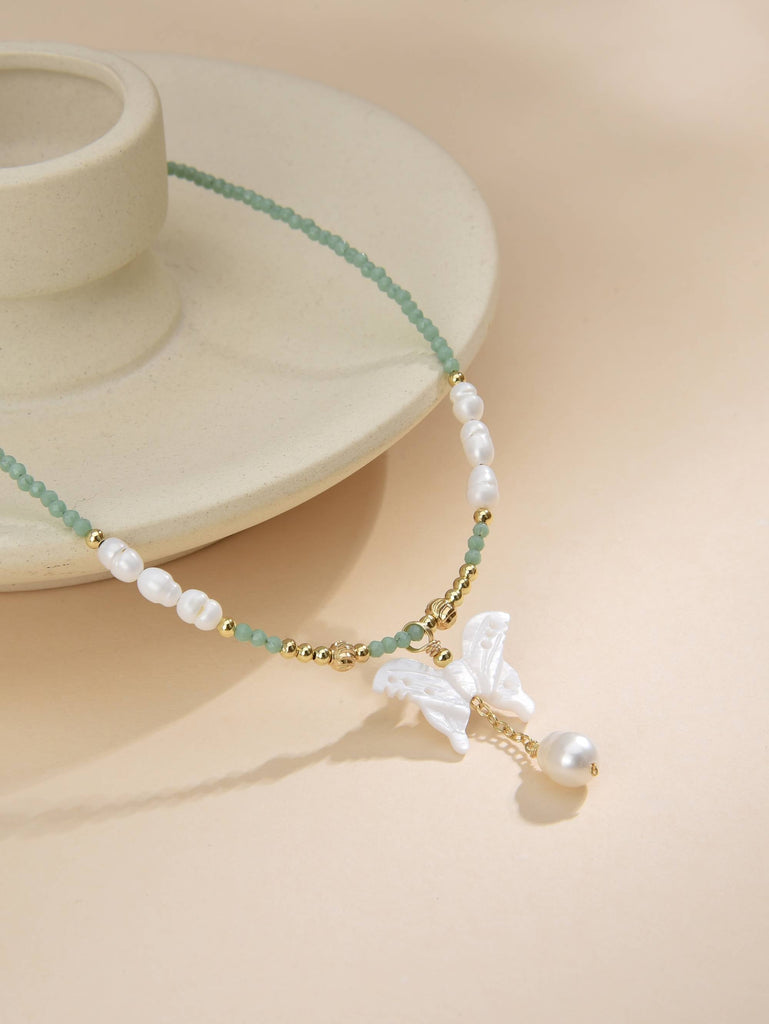 Necklace with Turquoise Crystals and Pearls with Butterfly Pendant in 18k Gold Plated-Necklaces-Baishangmei