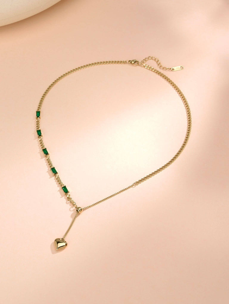 Necklace with heart pendant and green zircons-Necklaces-kKT