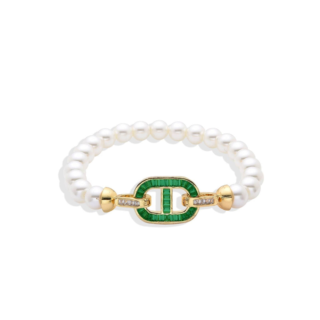 Pearl Bracelet with Green Zirconia Charm in Gold Filled-Bracelets-NEW WEI