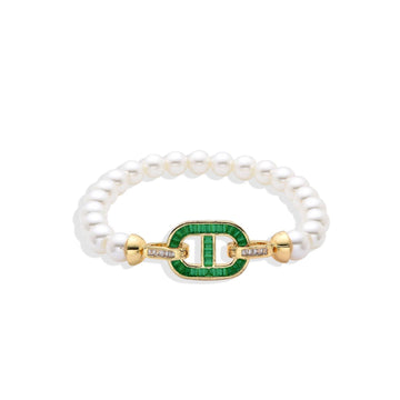 Pearl Bracelet with Green Zirconia Charm in Gold Filled-Bracelets-NEW WEI