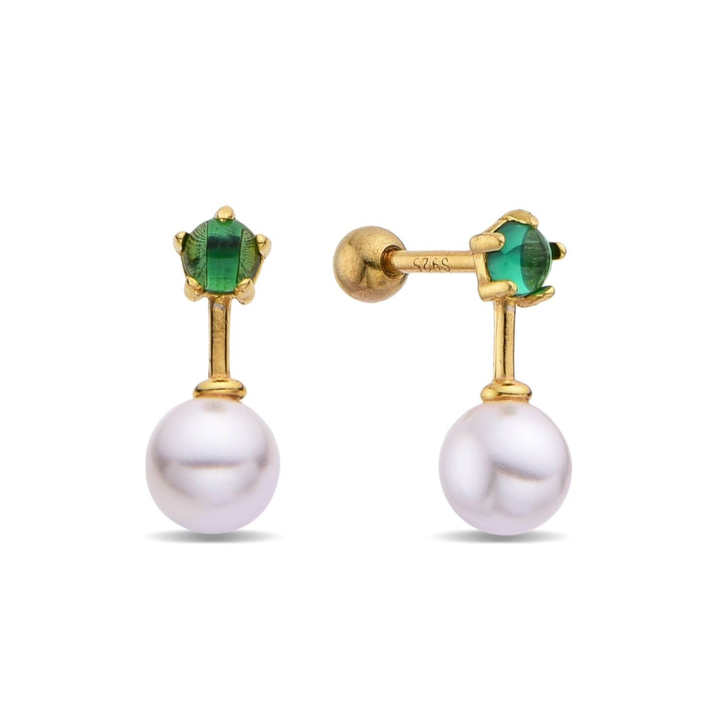 Pearl Earrings with Green Zirconia in 925 Silver and 18k Gold Plated-Earrings-GULI GULI