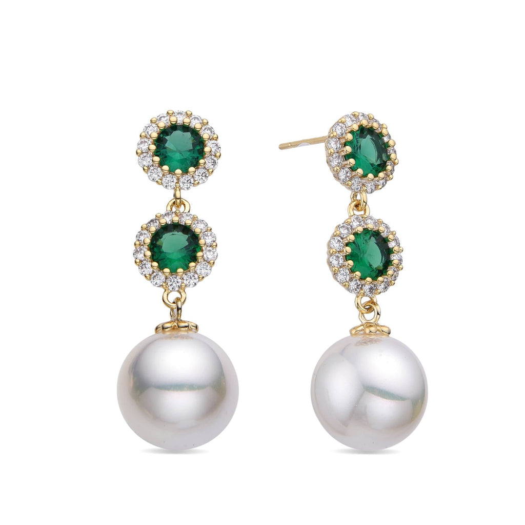 Pearl Earrings with Green Zircons 18k Gold Fashion-Earrings-NEW WEI