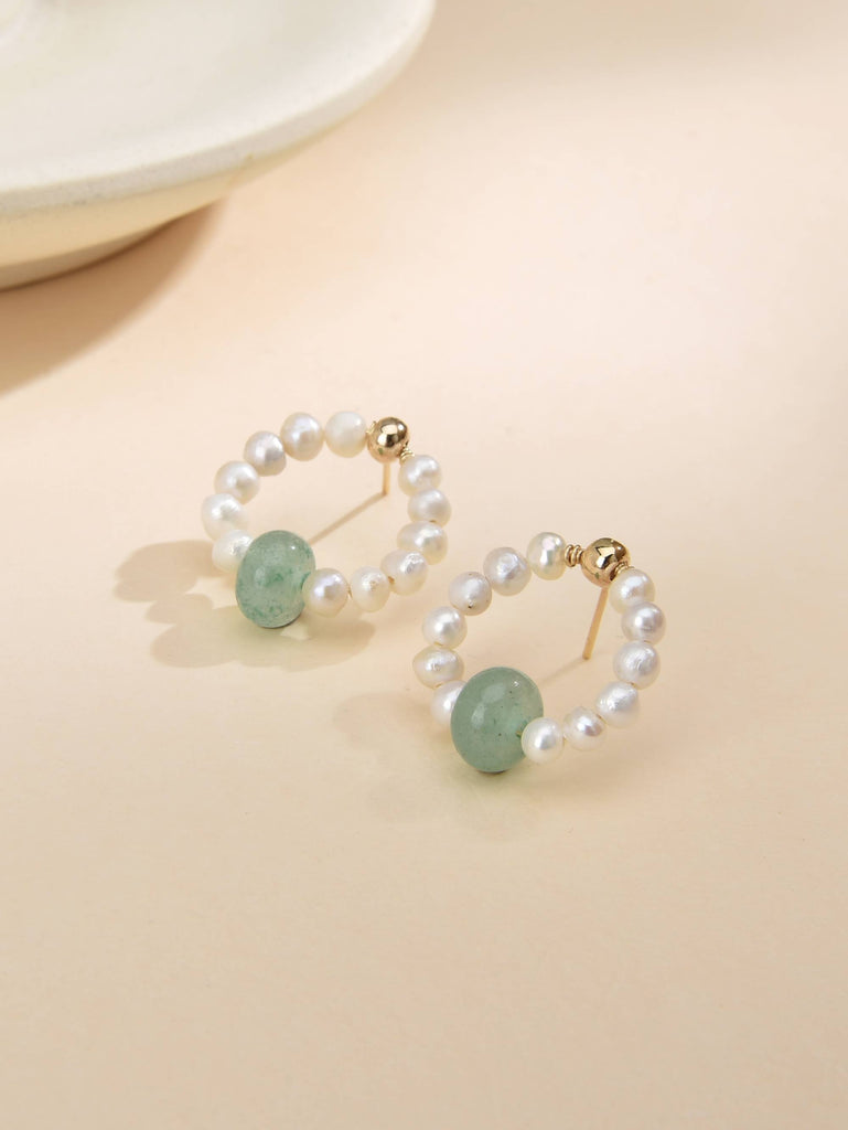 Pearl Earrings with Semi-Precious Stone in Brass and 18k Gold Plating-Earrings-Baishangmei