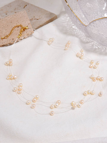 Pearl Necklace with Floating Design in Cooper and 18k Gold Plating-Necklaces-YIWU SHUO QIPEARL