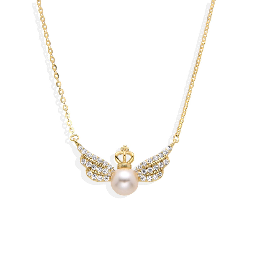 Pearl Necklace with Wings and Crown in 18k Gold Plated 925 Sterling Silver-Necklaces-GULI GULI