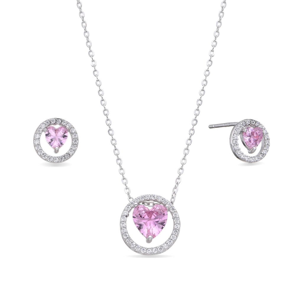 Pink Heart Necklace and Earrings Set in 925 Sterling Silver with Zircons-Earrings-GULI GULI