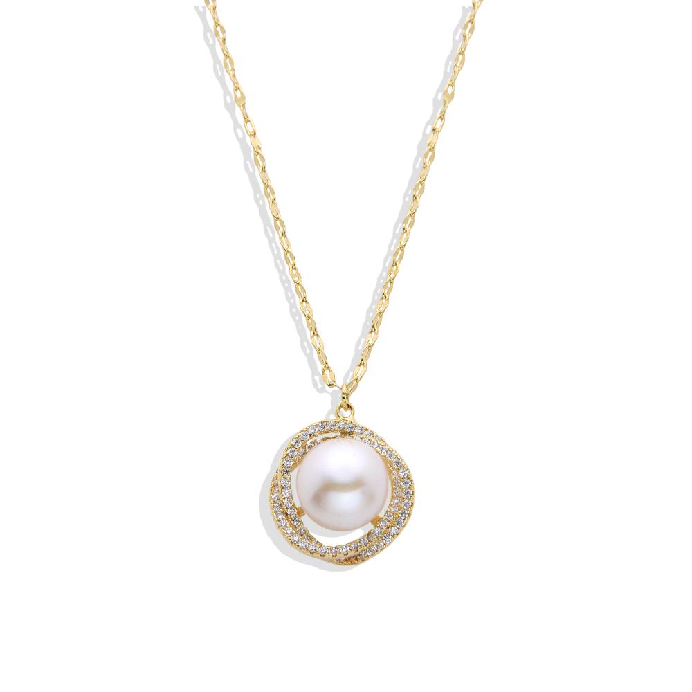 Radiant Micro Zircons Gold Fashion Necklace with Pearl Pendant-Necklaces-NEW WEI