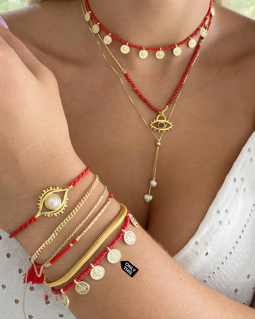 Red Adjustable Bracelet with Gold Coin Dangle Charms-Bracelets-Turquia