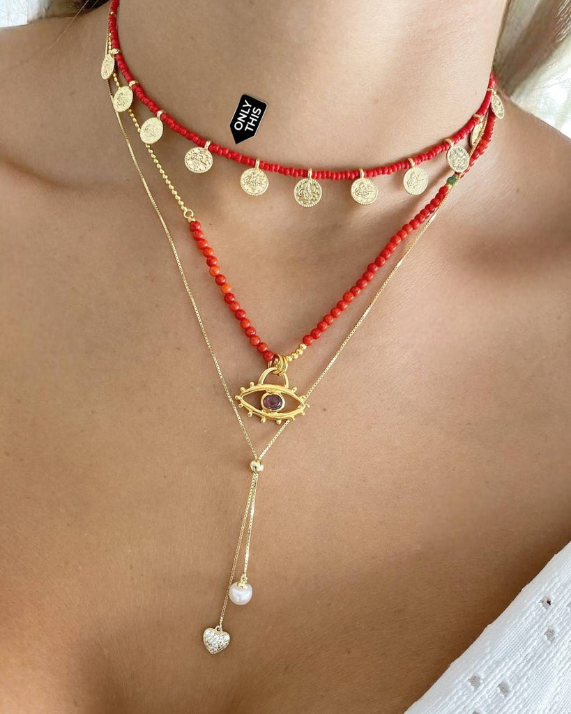 Red Necklace with Gold Coin Pendant Charms-Necklaces-Turquia