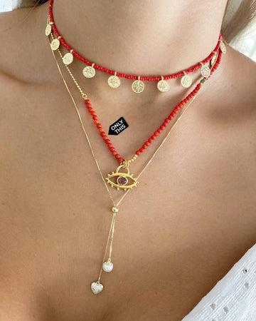 Red Necklace with Turkish Eye Pendant in 925 Silver with 18k Gold Plating-Necklaces-Vila veloni corp