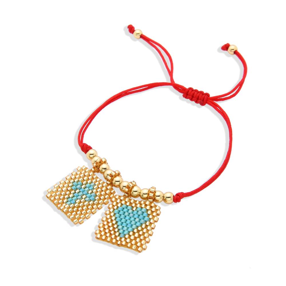 Red String Bracelet with Golden Miyuki Heart and Cross Charms: Symbol of Love-Bracelets-BOJO