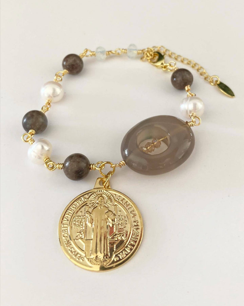 Religious Bracelet with Saint Benedict Pendant with Natural Tiger's Eye Stone and Cultured Pearl.-Bracelets-Vila veloni corp